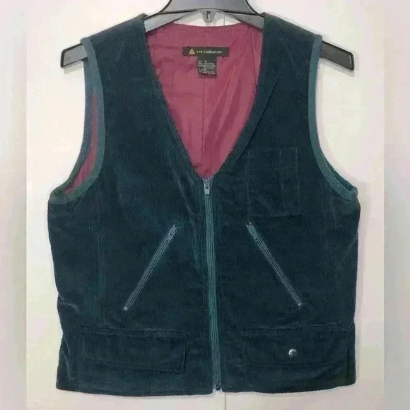 Liz Claiborne Unique Vintage Teal Corduroy Hunting Vest Fuchsia Lining Sz Medium - Picture 1 of 15